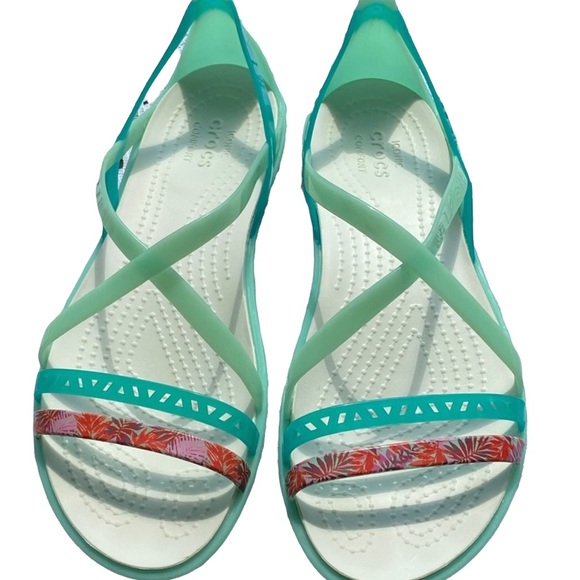 Women CROCS Isabella Strappy Sandals Sz 5 green with pink purple palm pattern